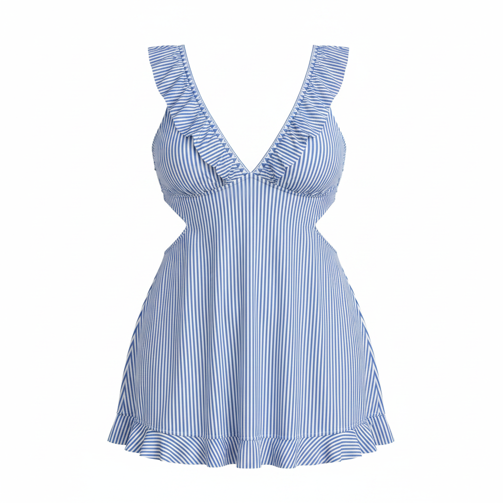 Plus-size light blue striped ruffle tankini set with V-neck and flutter sleeves