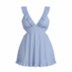 Plus-size light blue striped ruffle tankini set with V-neck and flutter sleeves
