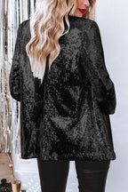 Black sequin blazer with open front and long sleeves