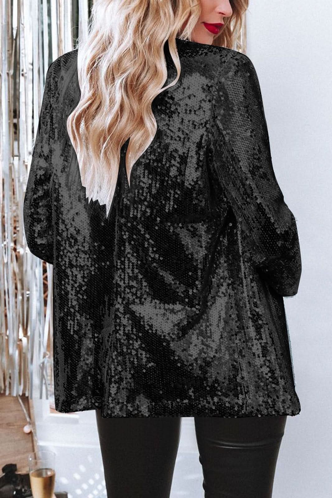 Black sequin blazer with open front and long sleeves