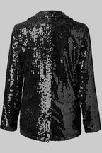 Black sequin blazer back view with long sleeves and structured shoulder