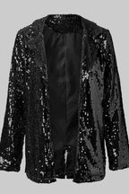 Black sequin blazer with open front and black lining, long sleeves