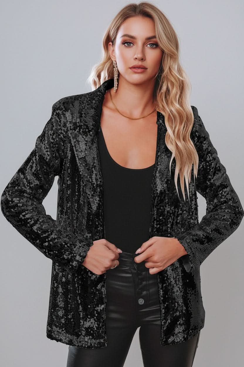 Black sequin blazer with open front, long sleeves, and straight silhouette