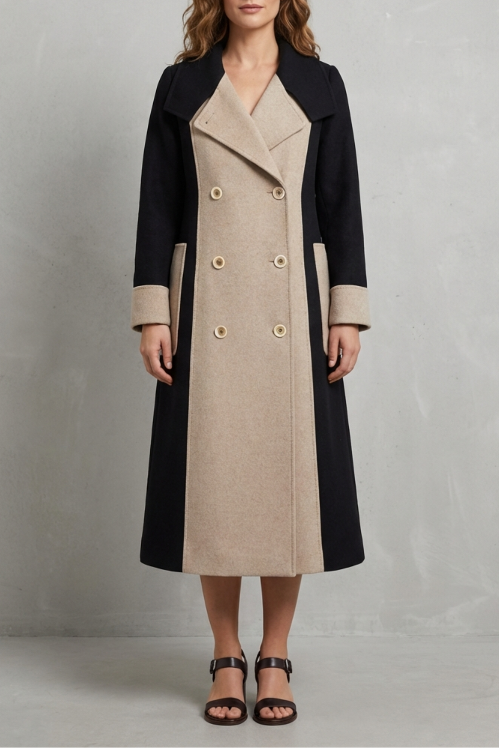 Two-tone black and tan double-breasted coat with notched lapels and gold-tone buttons