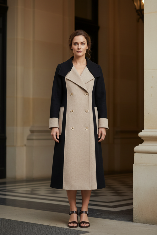 Two-tone black and tan double-breasted wool blend coat with notched lapels, front buttons