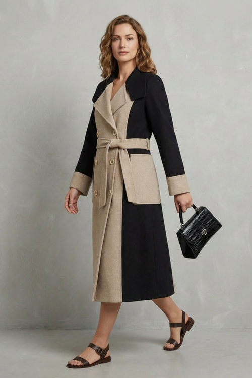 Two-tone black and tan belted double-breasted coat with wide lapels and button placket