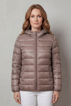 Gray-brown hooded puffer jacket with lightweight quilting and full-zip front