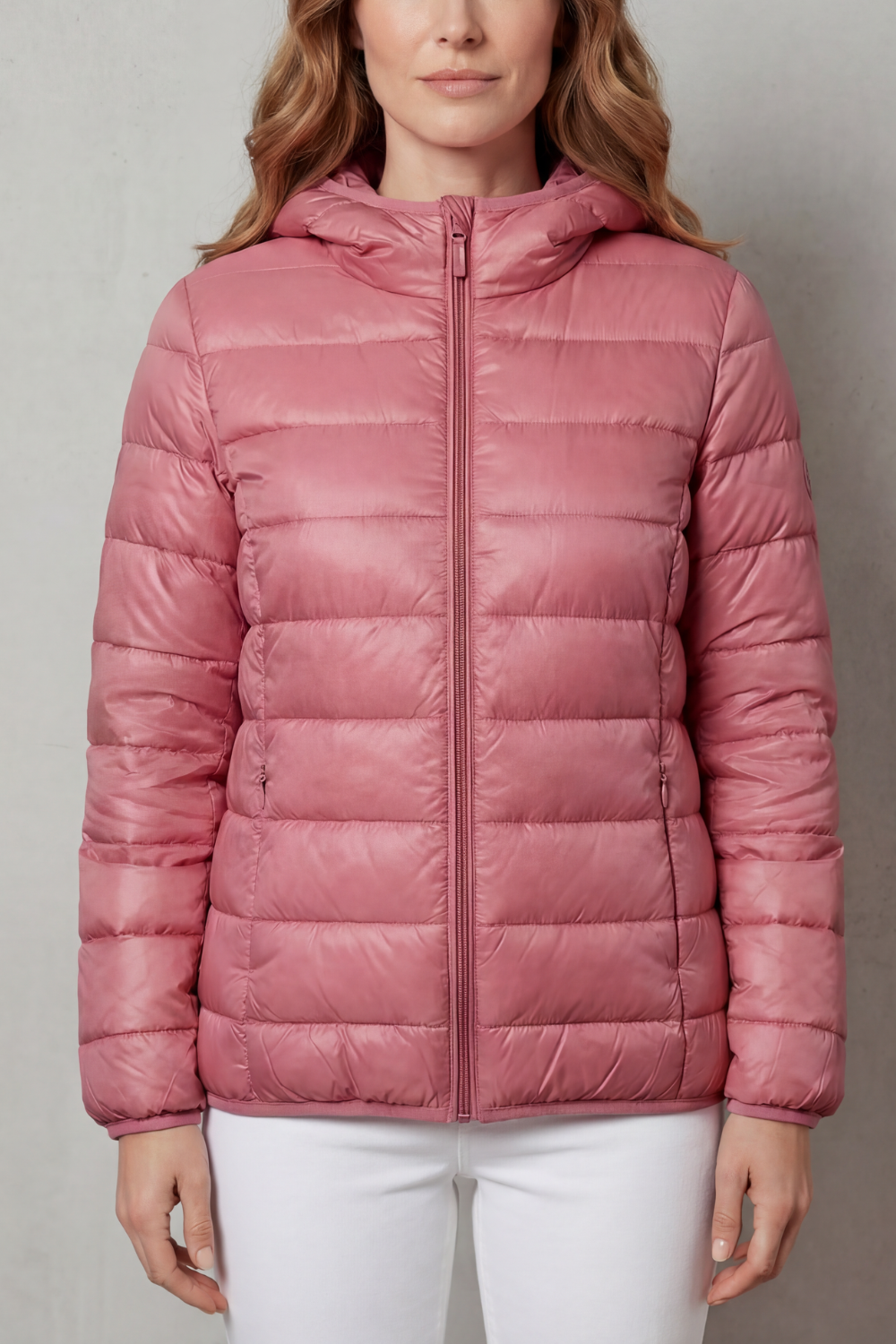 Lightweight hooded puffer jacket in pink with full-zip front