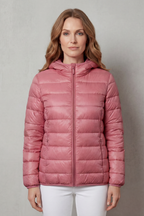 Dusty pink hooded puffer jacket with lightweight quilting and full-zip front