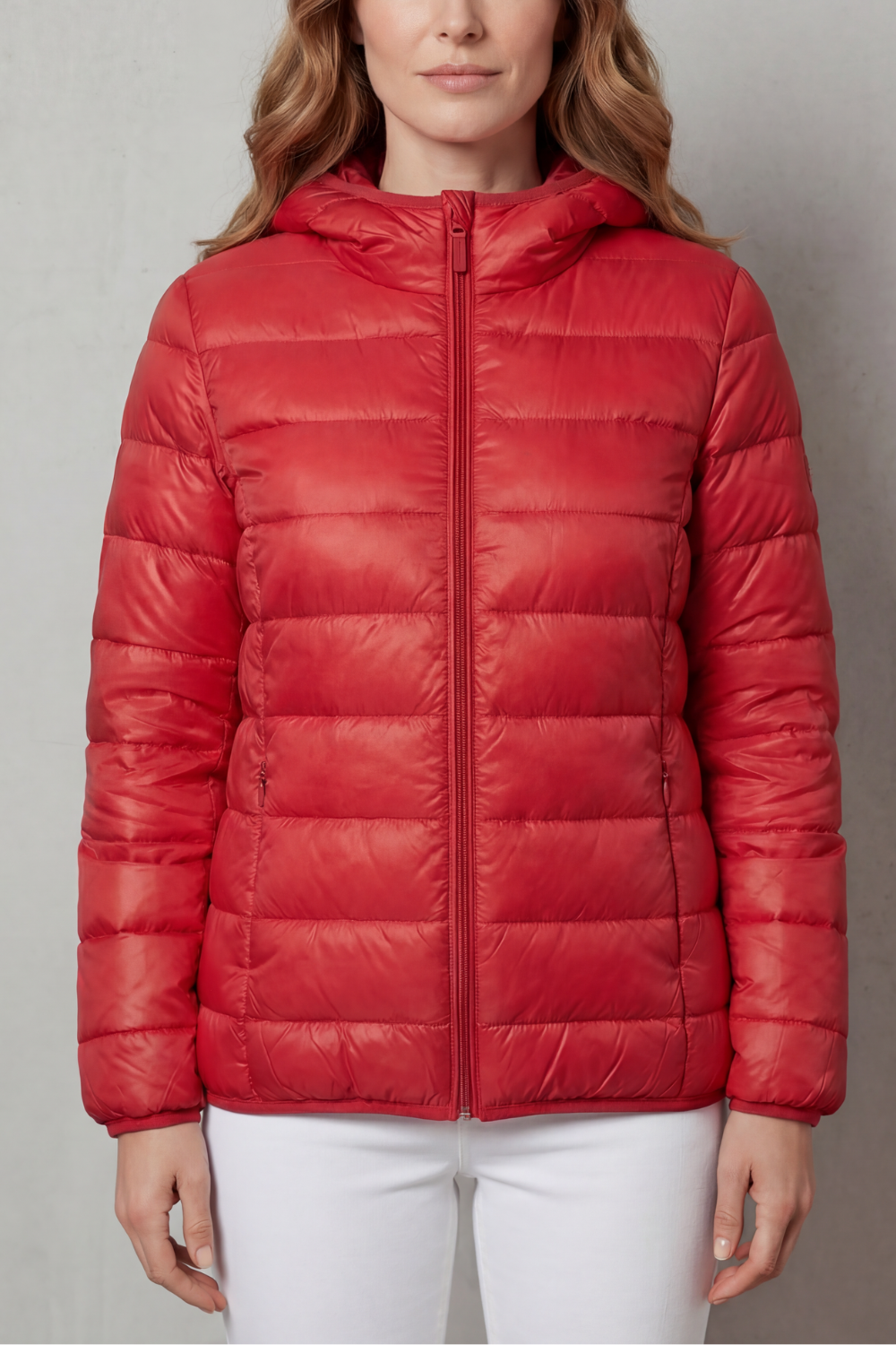 Lightweight hooded puffer jacket in red with full-zip front