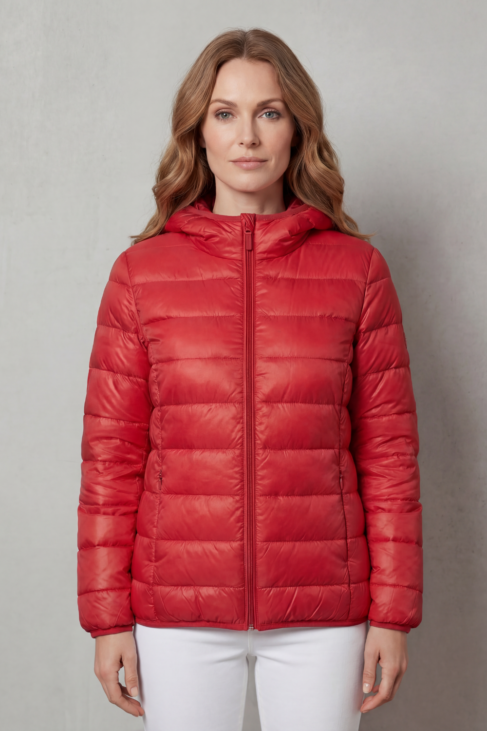 Red hooded puffer jacket with quilted insulation and full-zip front