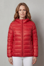 Red hooded puffer jacket with quilted insulation and full-zip front