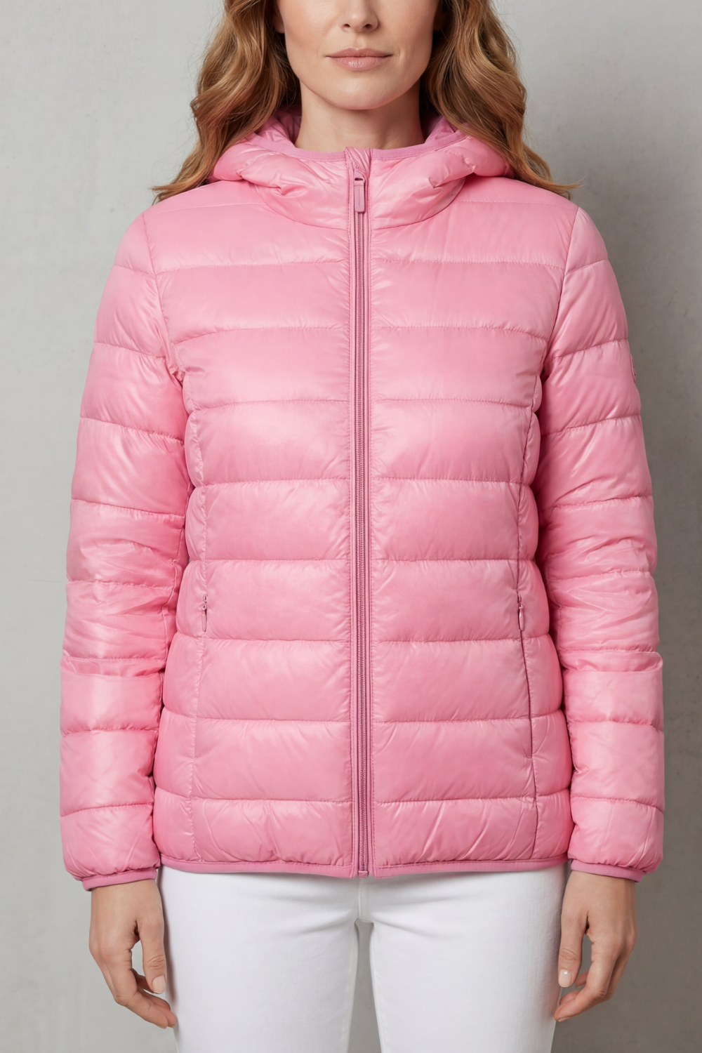 Lightweight hooded puffer jacket in dusty pink with full-zip front
