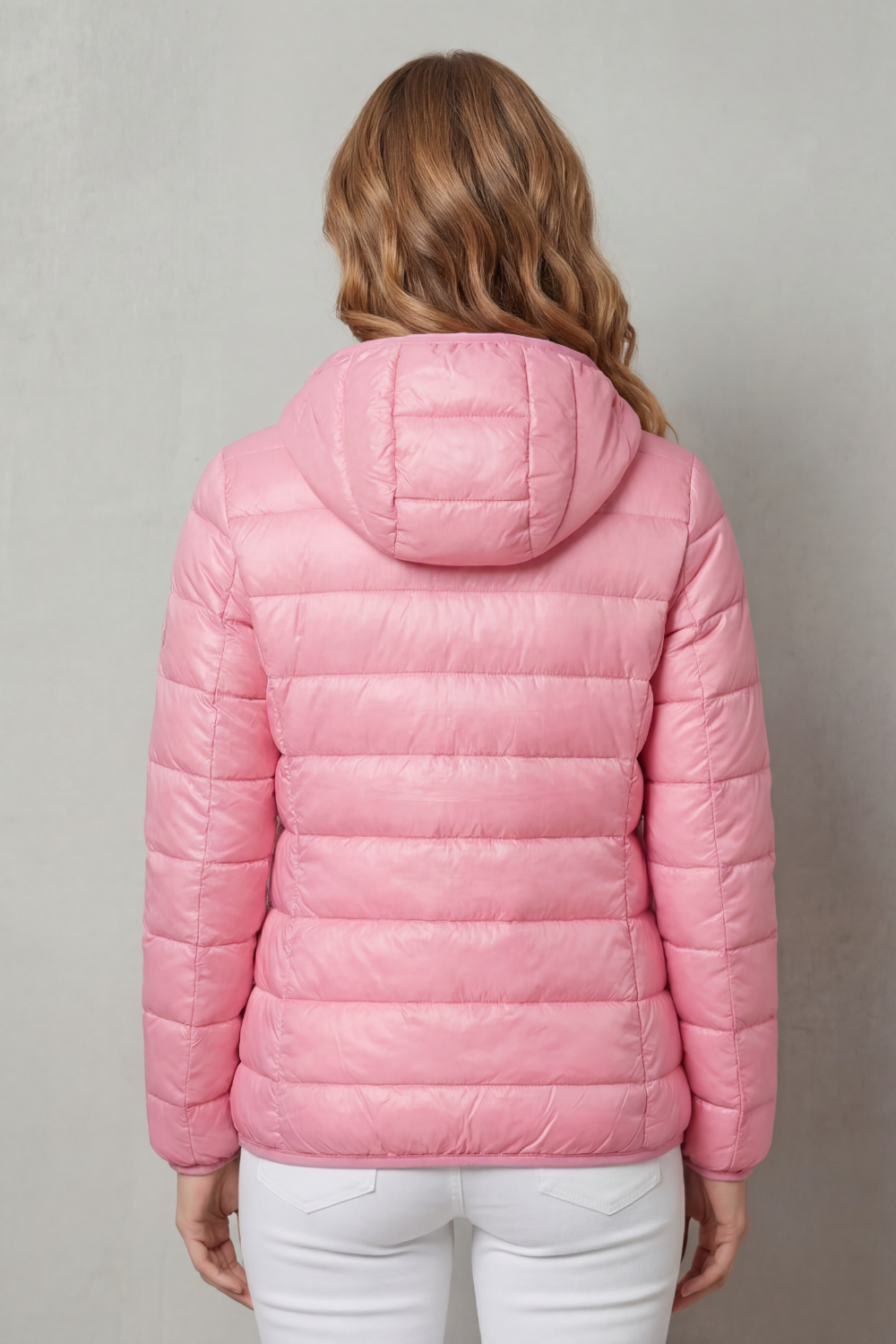 Pink hooded puffer jacket, quilted back panel and full-zip front