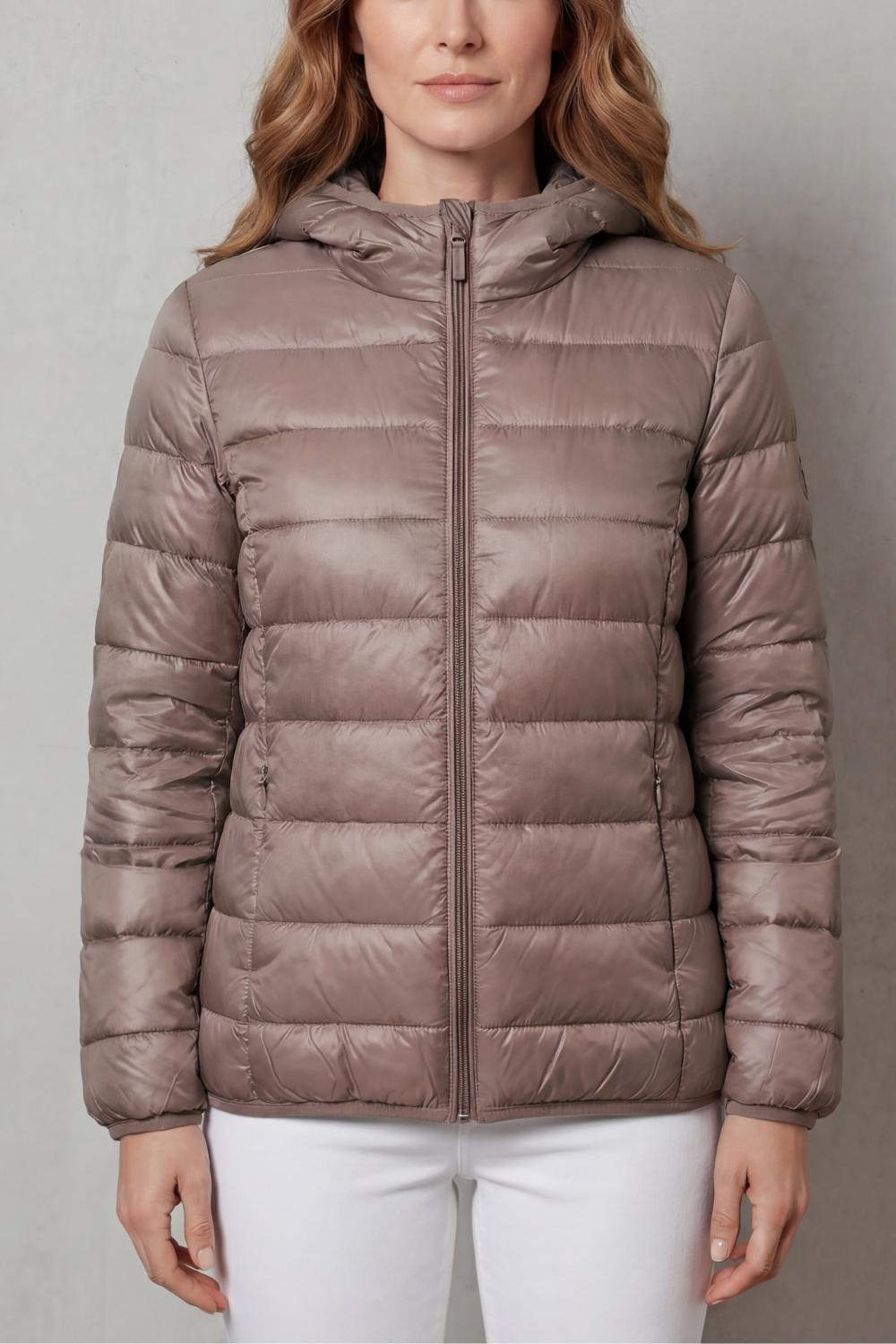 Lightweight hooded puffer jacket in taupe with full-zip front