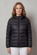 Black hooded puffer jacket with lightweight quilted finish and full-zip front