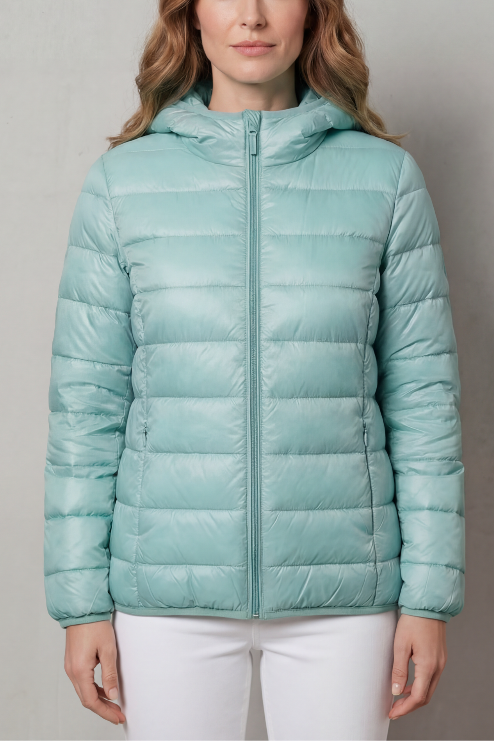Lightweight hooded puffer jacket in mint with full-zip front