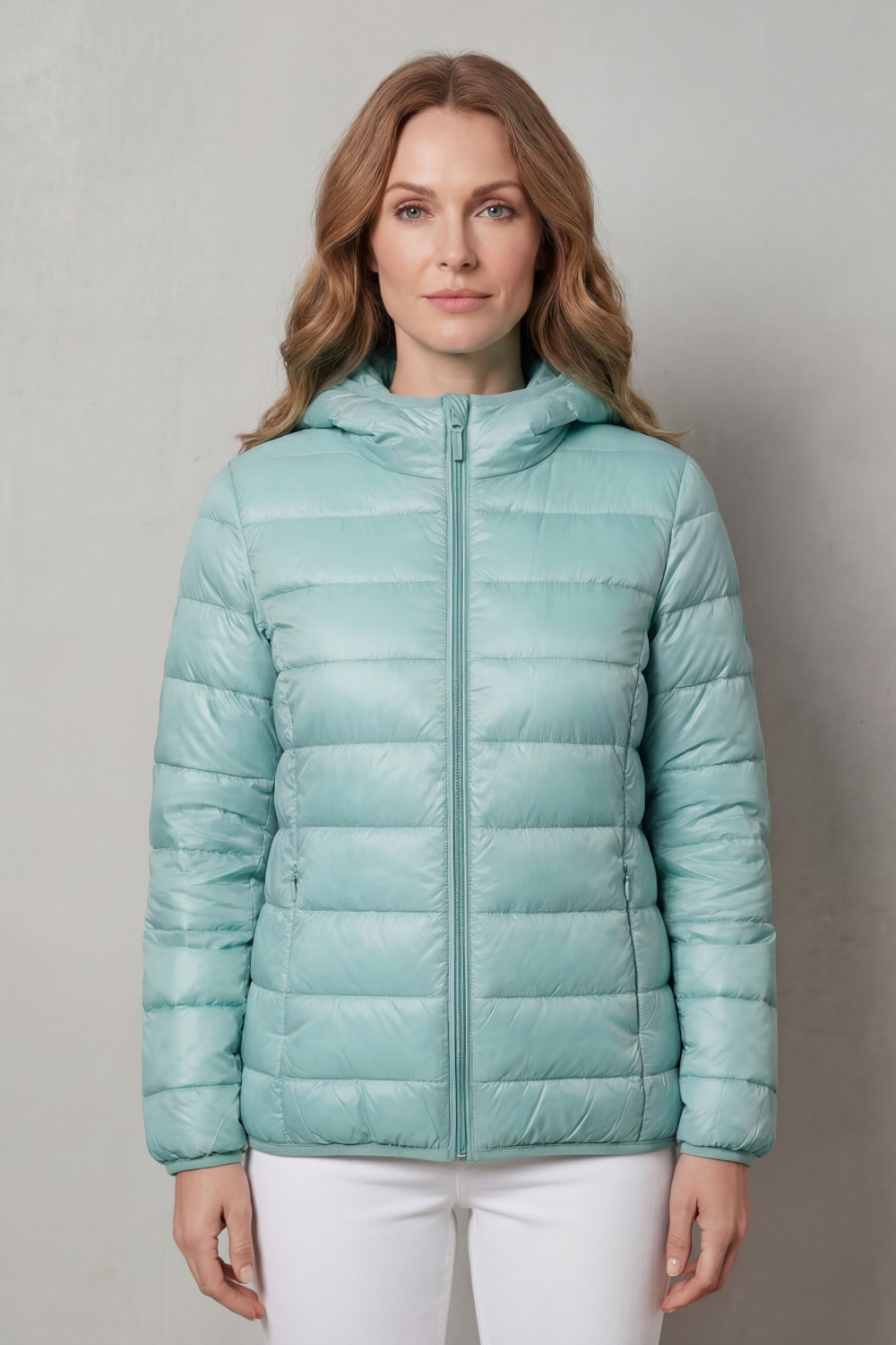 Mint hooded puffer jacket with quilted insulation and full-zip front