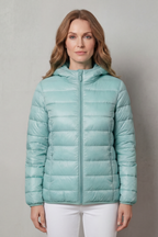 Mint hooded puffer jacket with quilted insulation and full-zip front
