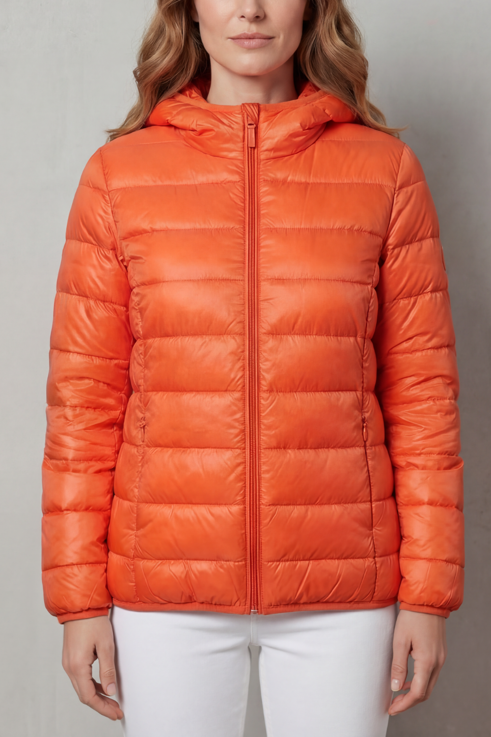 Lightweight hooded puffer jacket in orange with full-zip front