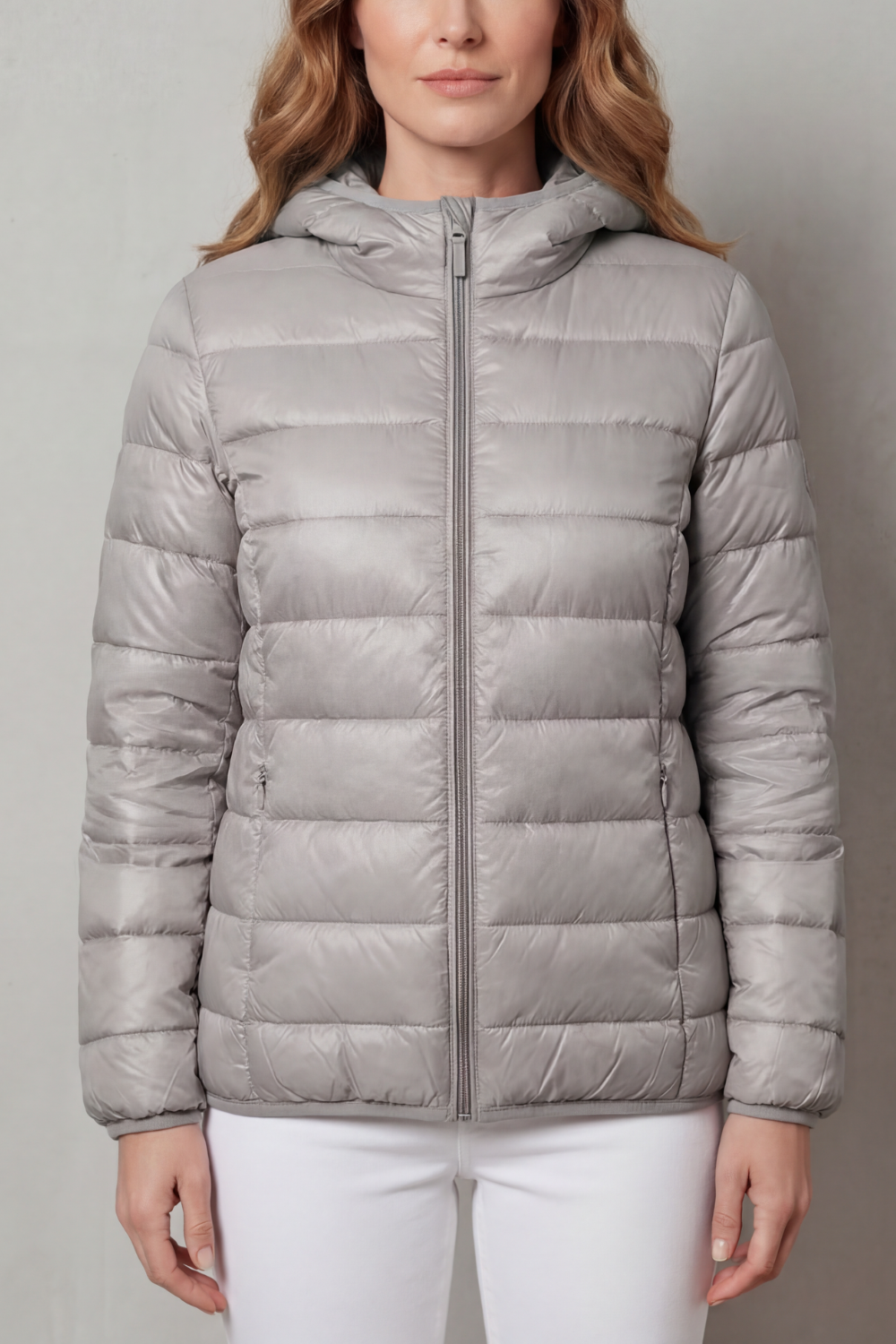 Lightweight hooded puffer jacket in light gray with full-zip front