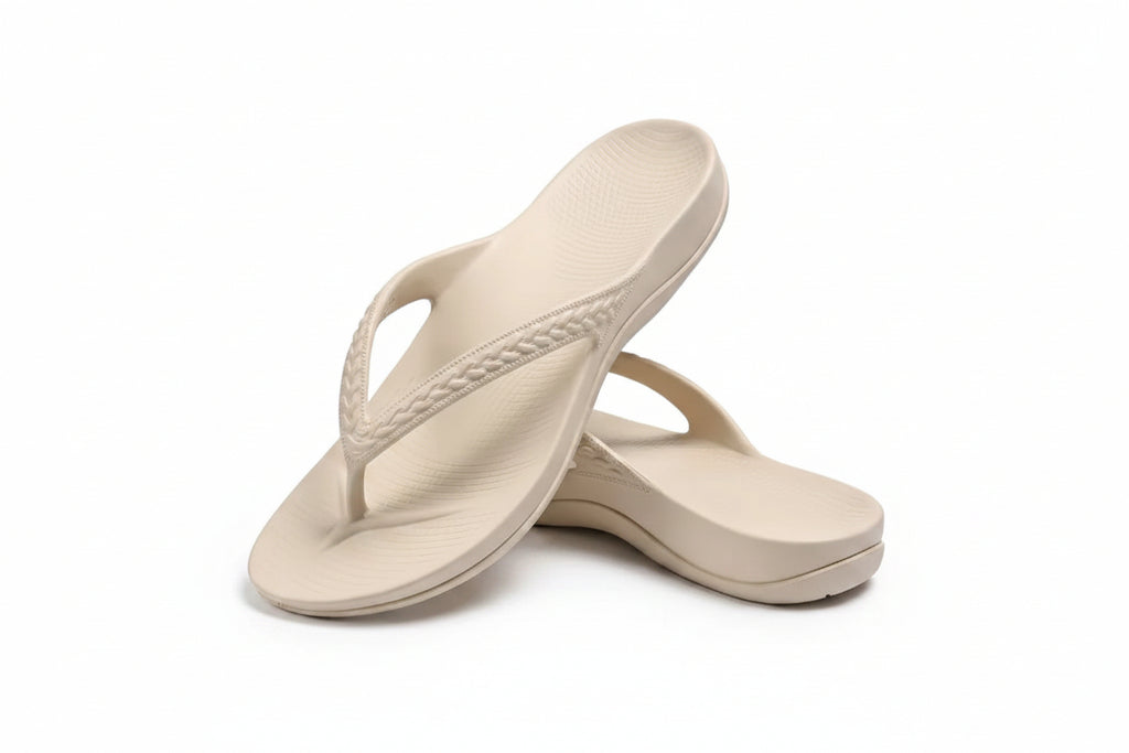 Camel thong flip flops with textured footbed and braided strap detail