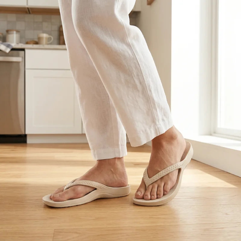 Camel flip flops on model with wide thong strap and cushioned sole