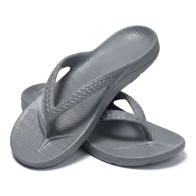 Women's lightweight comfort flip flops, grey textured footbed with thong strap