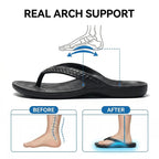 Black arch-support flip flops with textured footbed and thong strap