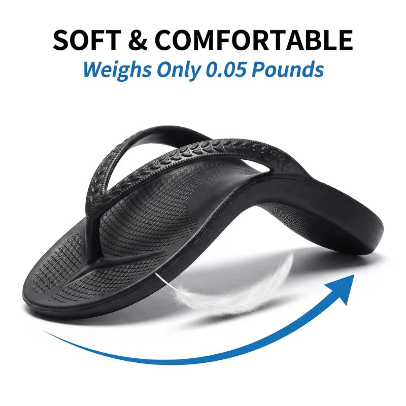 Black lightweight flip flops with curved sole and woven-texture strap