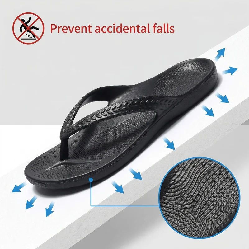 Black flip flops with grippy tread sole and textured footbed