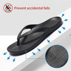 Black flip flops with grippy tread sole and textured footbed