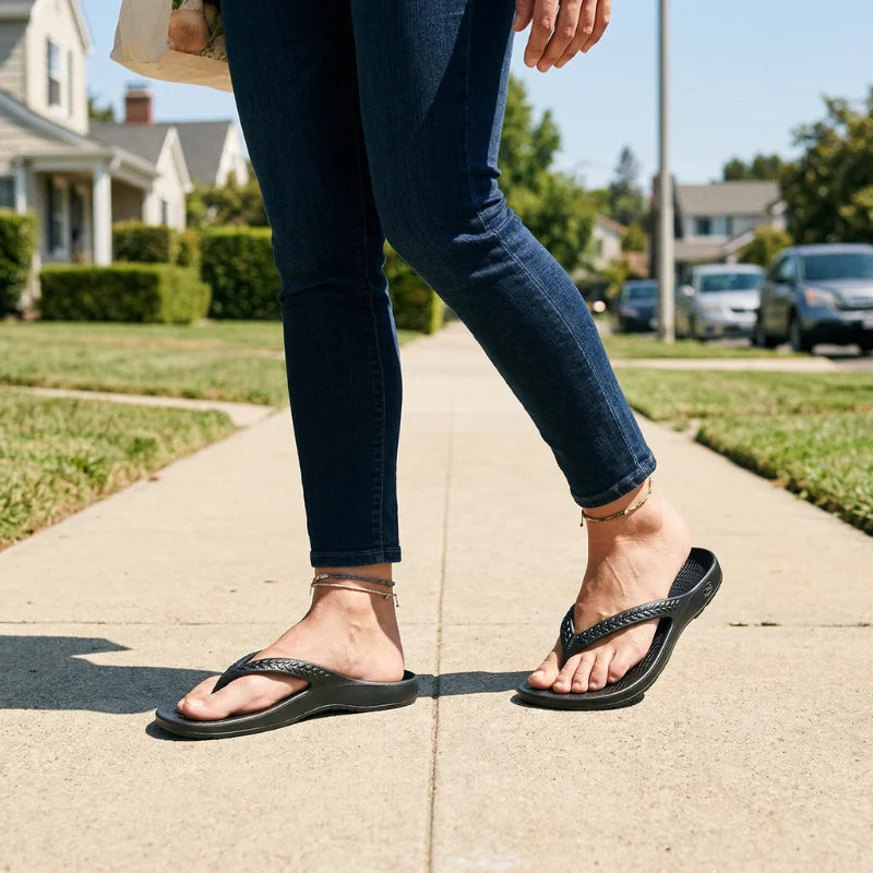 Navy thong flip flops with textured footbed and braided strap