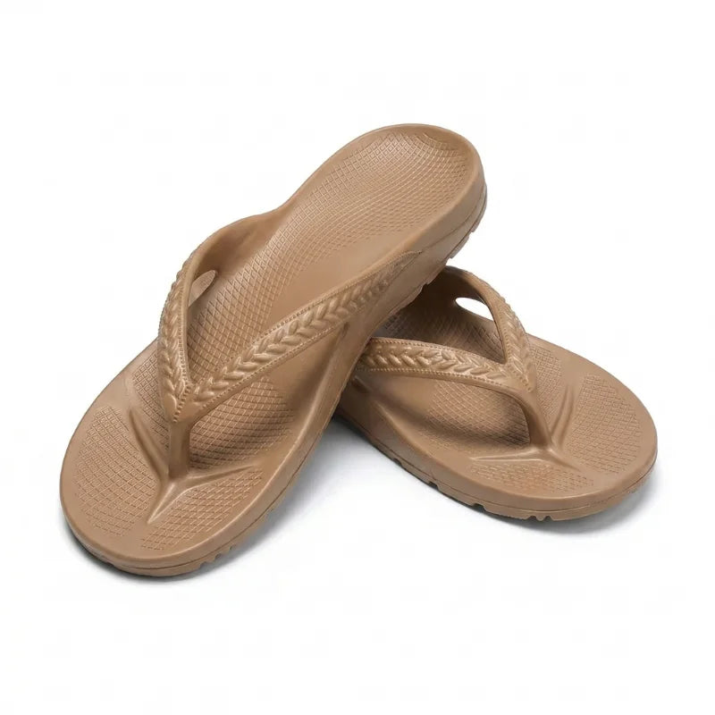 Camel thong flip flops with textured footbed and braided strap detail