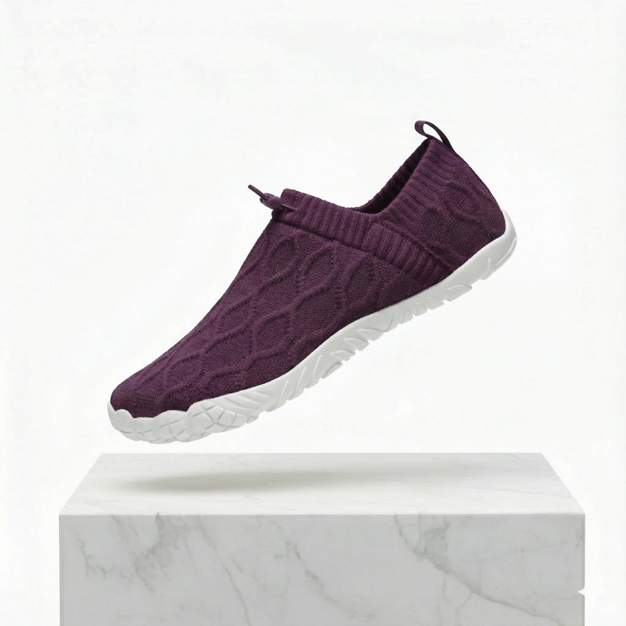 Plum purple knit slip-on shoes with wide toe box, elastic collar, white tread sole
