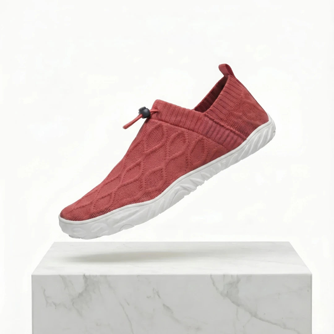 Terracotta red knit slip-on shoes with wide toe box, elastic collar, white tread sole