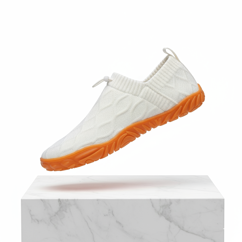 White knit slip-on shoes with wide toe box, elastic collar, orange outsole