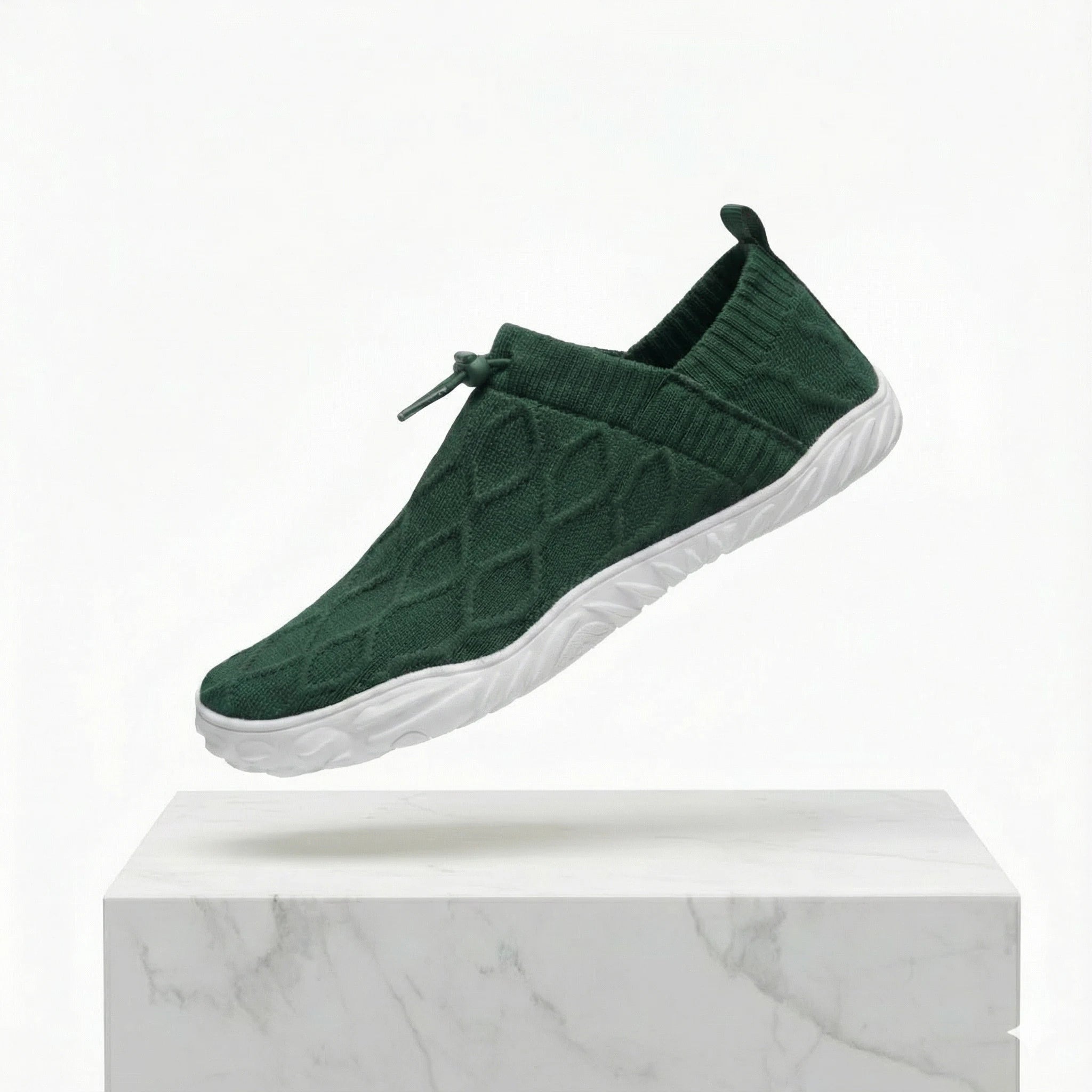 Forest green knit slip-on shoes with white cushioned sole
