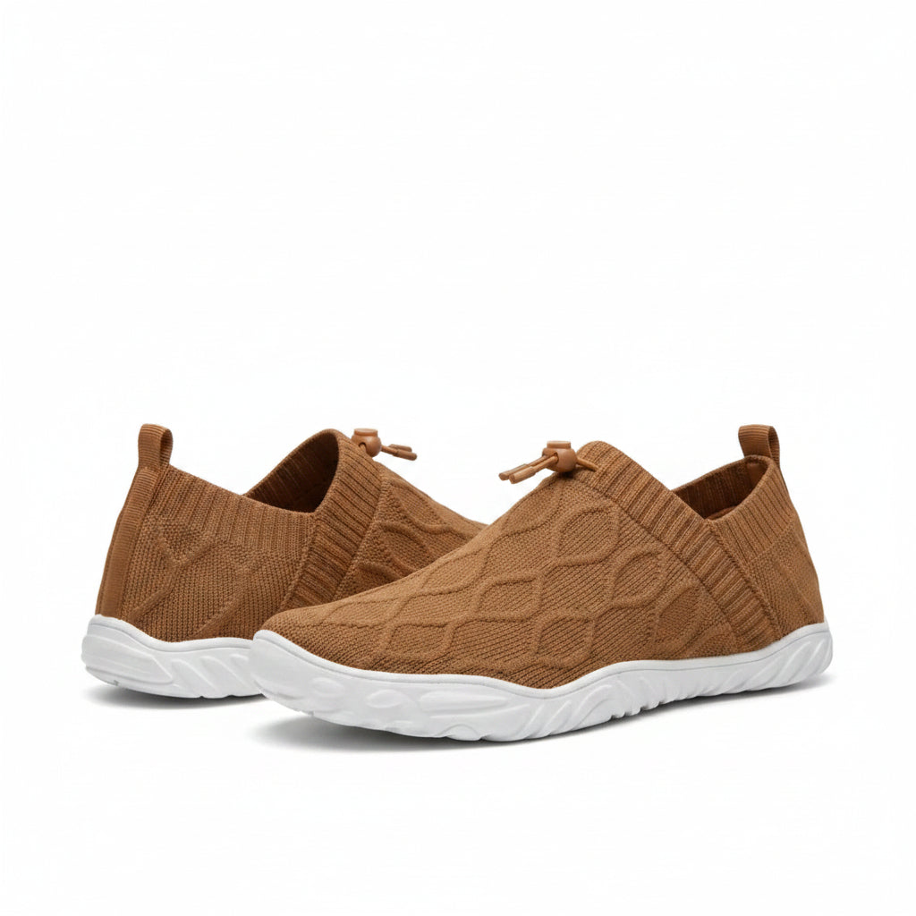 Espresso brown knit slip-on shoes with white cushioned sole