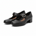 Orthopedic vegan leather sandals, black mary-jane with single round-buckle strap
