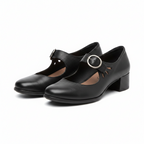 Orthopedic vegan leather sandals, black mary-jane with single round-buckle strap