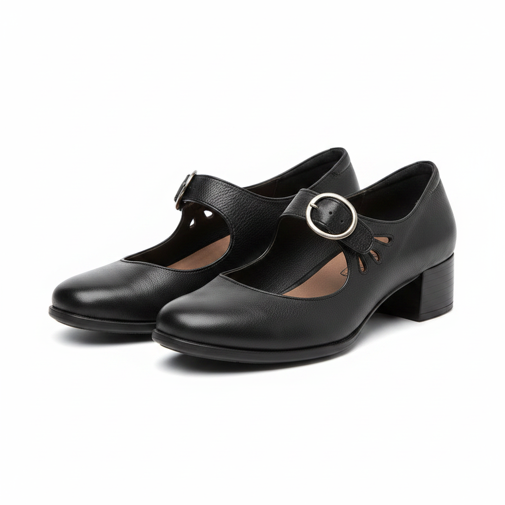 Orthopedic vegan leather sandals, black mary-jane with single round-buckle strap