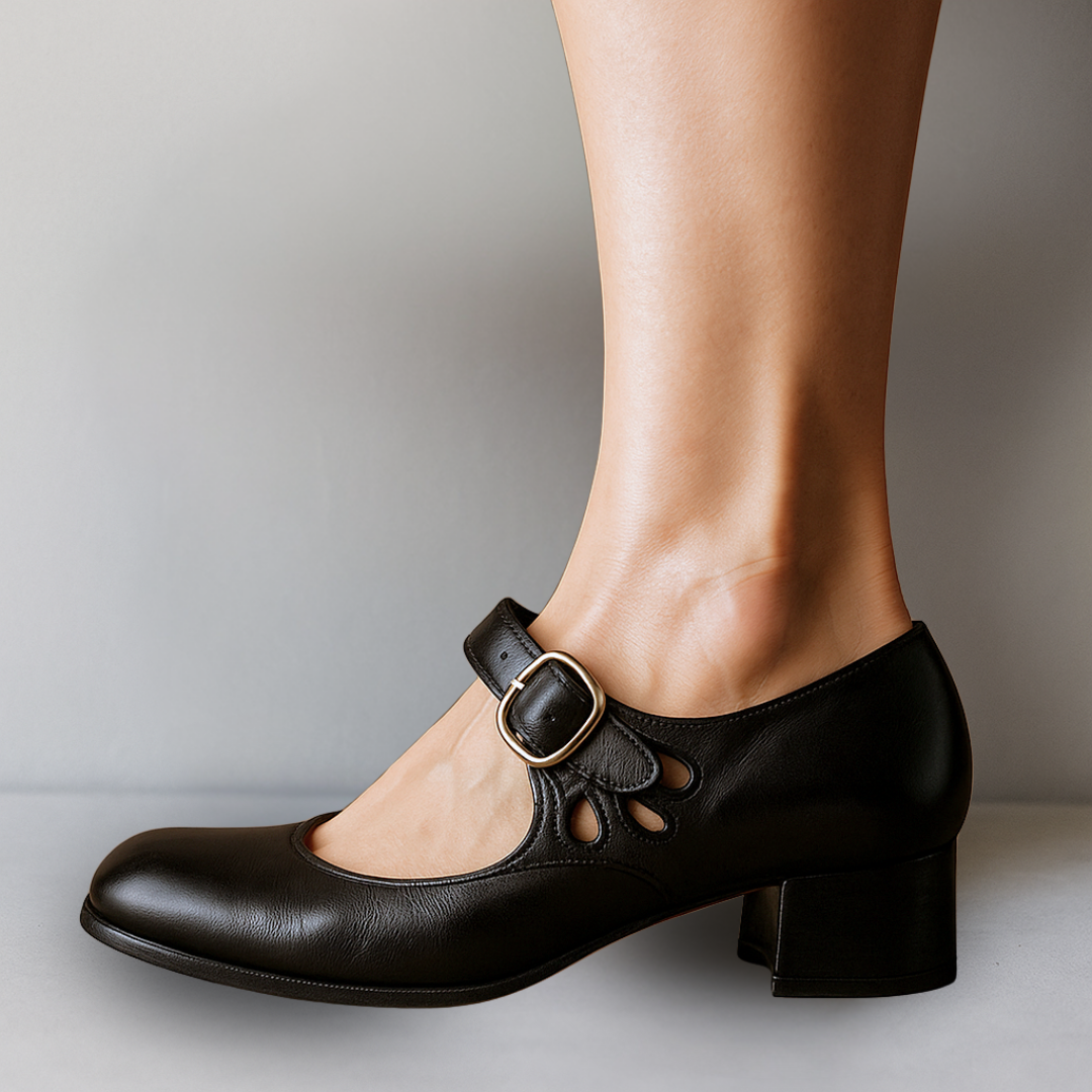 Orthopedic vegan leather sandals, black mary-jane with block heel and round-buckle strap