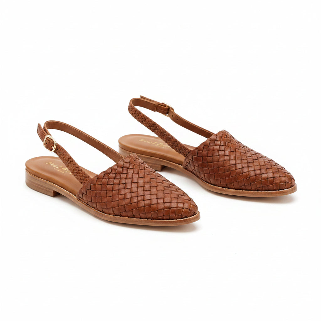 Woven orthopedic loafers in medium brown, low slip-on with pointed toe