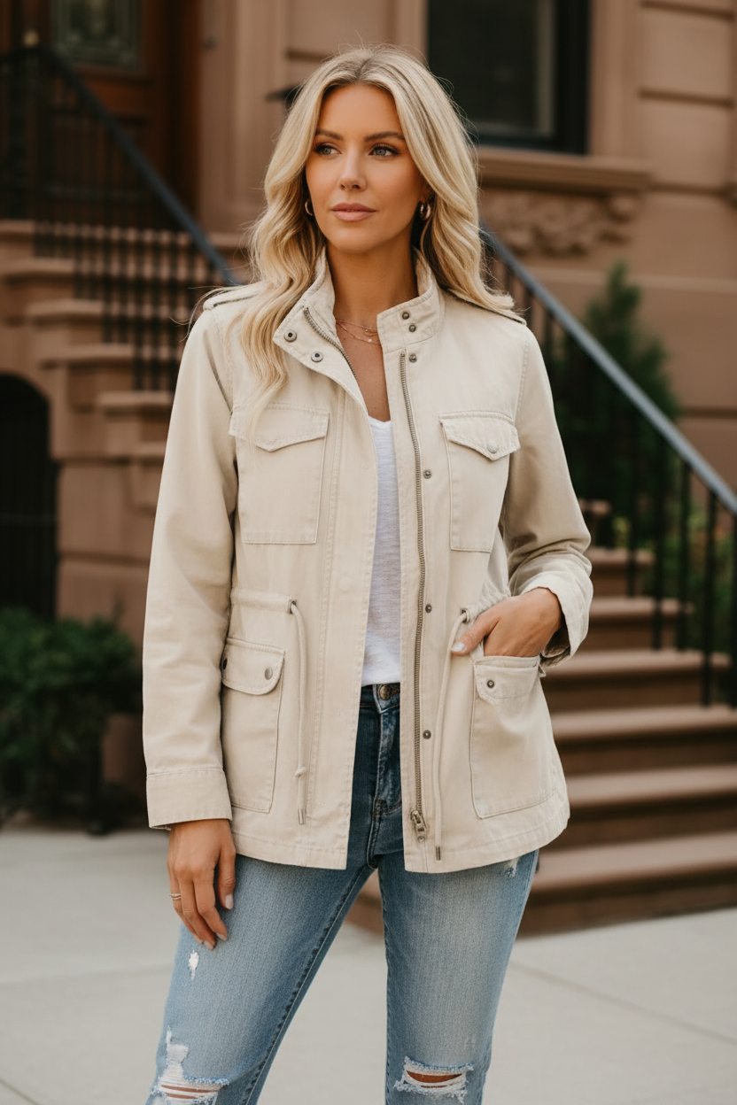 Khaki open-front jacket with button placket, stand collar, and chest patch pockets