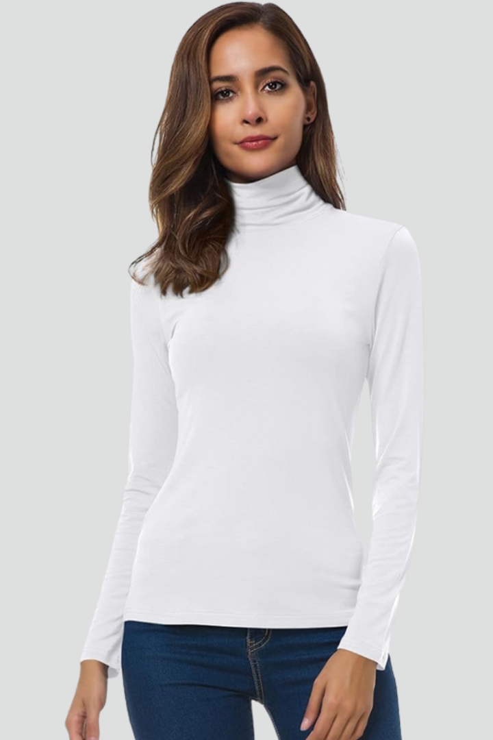 Women’s long-sleeve turtleneck sweater, plain white knit top