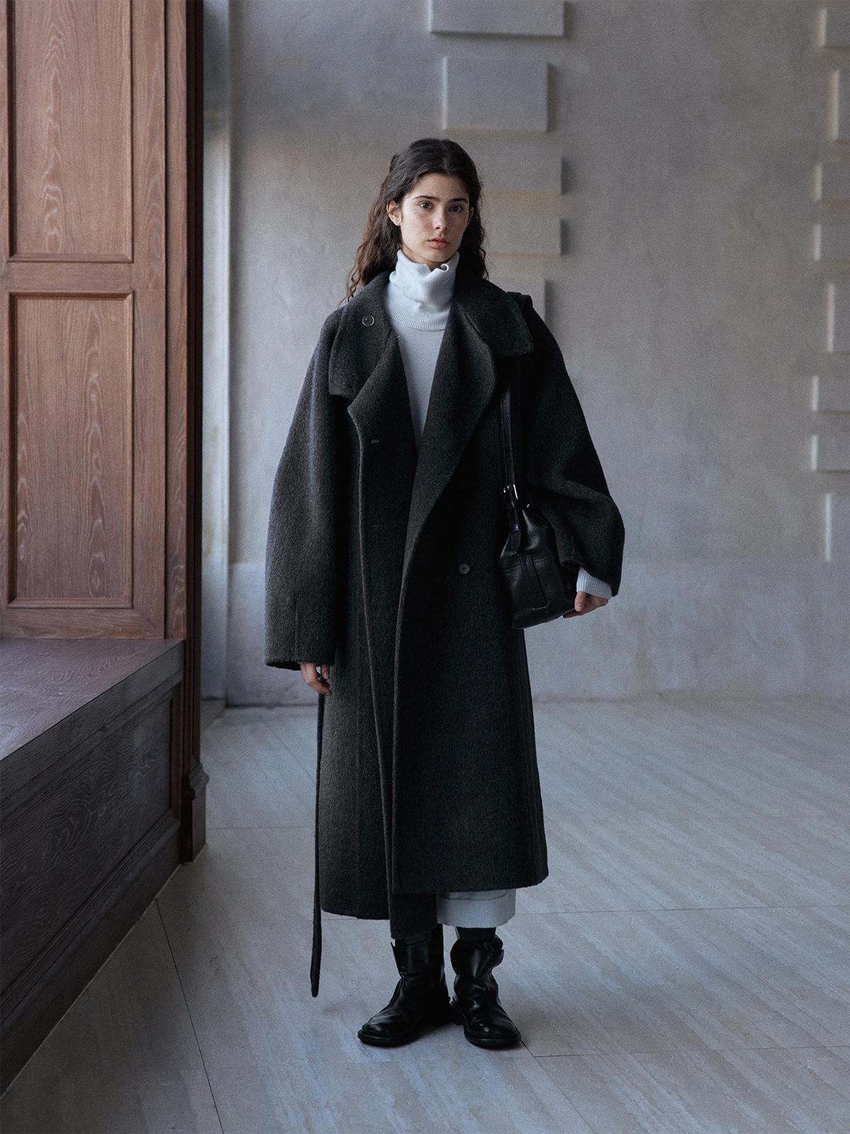 Women's dark gray long wool stand-collar belted coat with button front