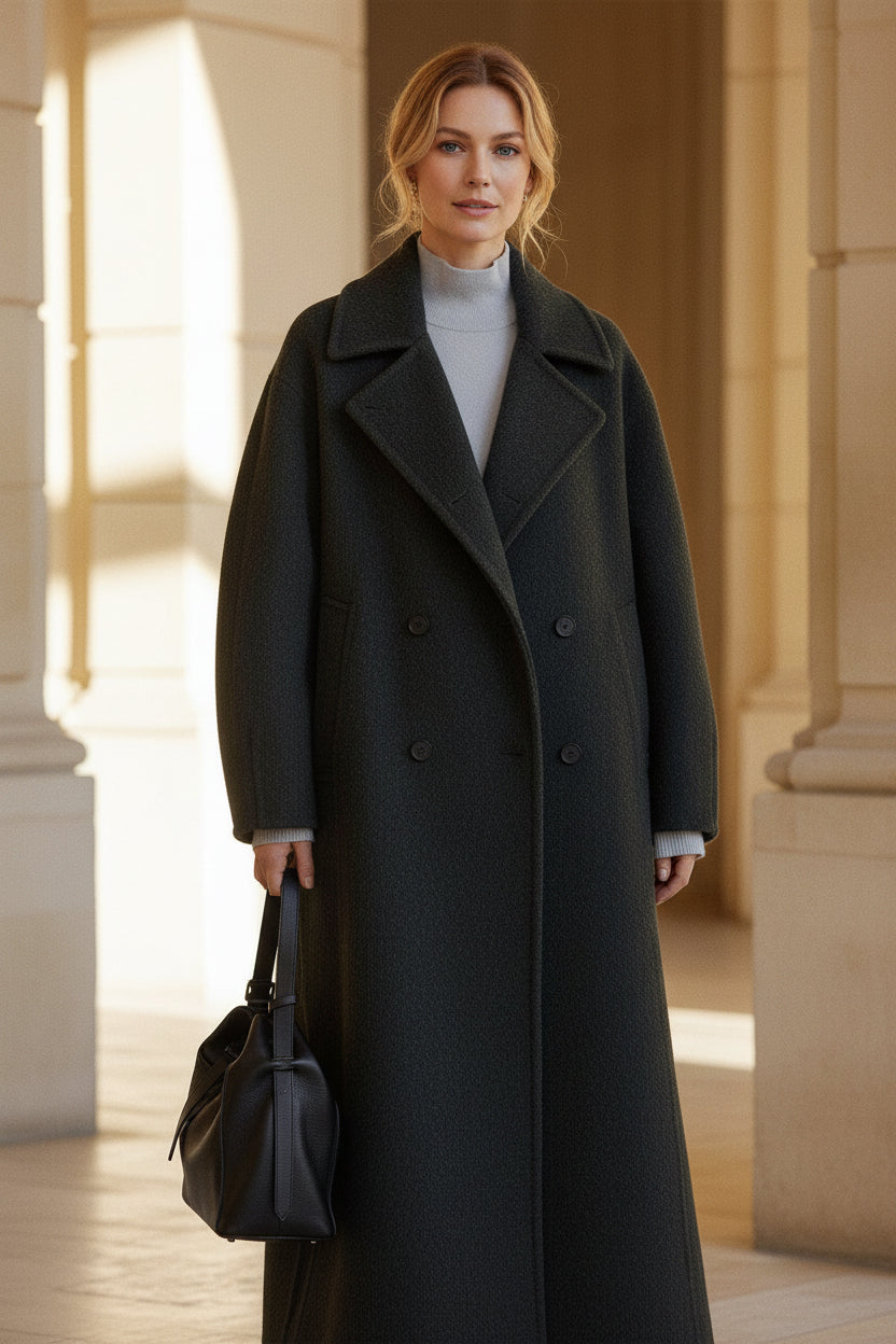 Dark gray long wool belted coat with stand collar and button front
