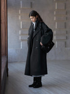 Dark gray wool long coat with stand collar and button placket, side view