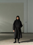 Dark gray wool long coat with stand collar and belt, front full-length